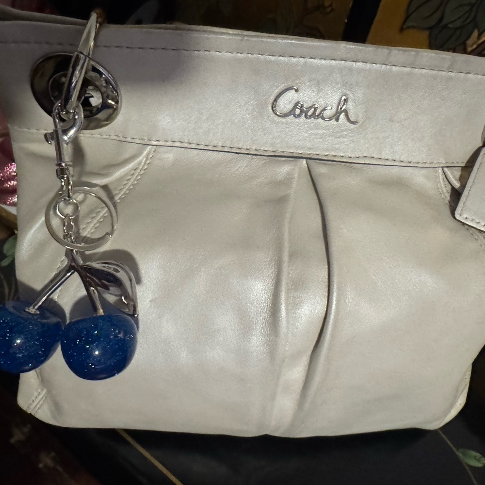 Coach Off-White Leather Shoulder Bag with Blue Charm